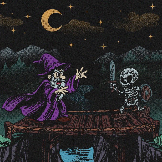 A wizard in purple robes casts a spell at a sword-wielding skeleton on a wooden bridge under a crescent moon, evoking a fantasy RPG dungeon encounter. The pixel-art scene reflects the "Guild" (GUI) NFT collection's retro gaming aesthetic, likely depicting a guild raid or boss fight upon minting.