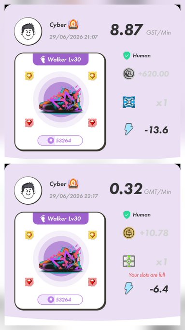 A mobile app interface showing game stats for user 'Cyber' with a 'Walker Lv30' character, displaying 8.87 GST/Min and 0.32 GMT/Min earnings, plus resource values like +620.00 and -13.6 energy.