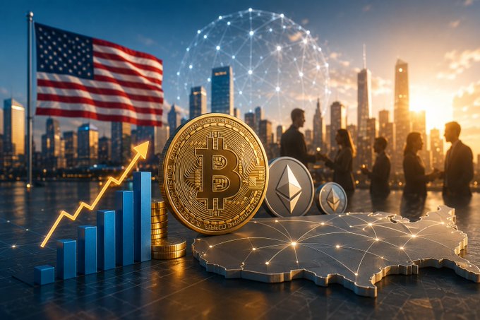 A digital composite showing a Bitcoin and Ethereum coin with an upward trending bar graph, an American flag, a network globe, and silhouettes of businesspeople against a city skyline at sunset.