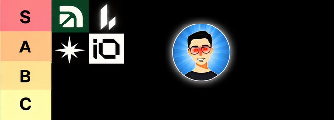 A tier list ranks four cryptocurrency platforms with logos in the S and A tiers, alongside an avatar of a bespectacled man with a glowing blue halo background. The image accompanies a post highlighting a curated perp airdrop list for 2026–2027, where the presenter recommends focusing on just three projects (including @arcus_xyz) out of many available options.