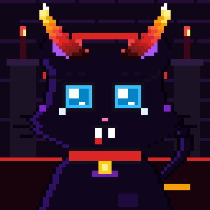 A pixel art character with glowing yellow and red horns, large blue eyes, and a tear on its cheek, set against a dark purple brick background.