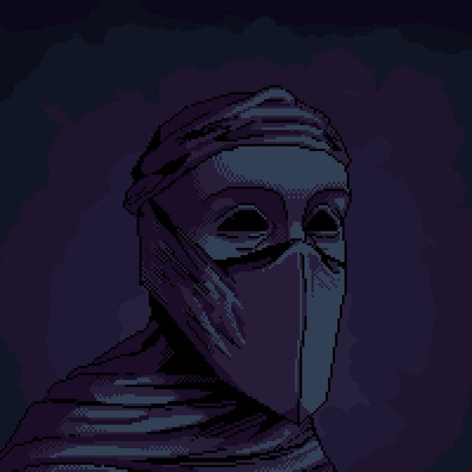 A pixelated illustration depicts a mysterious hooded figure wearing a mask and headband, shrouded in purple and dark tones with a moody, enigmatic atmosphere—fitting the cryptic ZEC (Zcash) community promotion inviting the first 50 members to join their Discord.