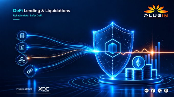 Digital advertisement featuring a glowing blue shield with the text 'DeFi Lending & Liquidations - Reliable data, Safer DeFi.' and 'PLUGIN Decentralized Networks'.
