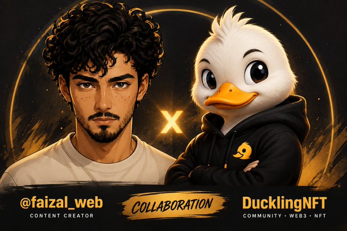 Digital illustration promoting a collaboration between '@faizal_web' (Content Creator) and 'DucklingNFT' (Community, Web3, NFT), featuring a young man with curly hair next to an anthropomorphic duck mascot in a black hoodie.