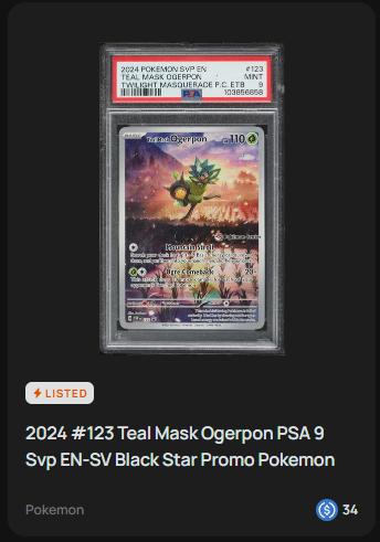 The image features an item listed for sale on a website called "Pokemon". The item appears to be a teal-colored Pokémon Mask, also known as Ogerron, which can be used in a game or shared with friends. It has been described as having a cool appearance and being a popular item among gamers. In the image description, it is mentioned that this Pokémon Mask comes with an overlay of "SSP EN-V SVM Black Star Promo Pokemon", suggesting that it is part of a special offer or limited edition release. The seller's website also states that the Pokémon Mask can be used at any time for gaming purposes and offers players the opportunity to win a $35 Pokémon card, which may not be directly related to selling but adds value to the gameplay experience.