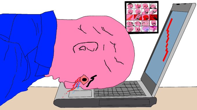 A crude MS Paint-style drawing shows a pink, distressed face pressed against a laptop keyboard, with a small panel of meme faces in the top right corner.