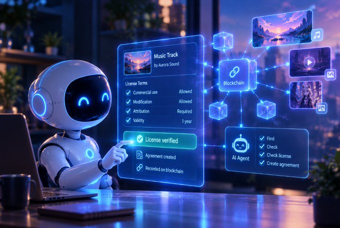 An illustration shows a small white robot interacting with a holographic interface displaying a 'Music Track' license verification system connected to a blockchain and AI Agent.