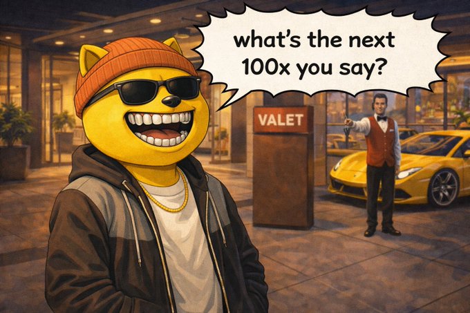 A cartoon image of a yellow smiley face character wearing a red beanie and sunglasses, standing in front of a valet stand with a yellow sports car, asking 'what's the next 100x you say?' in a speech bubble.