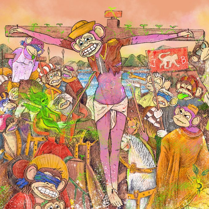 A chaotic, colorful cartoon-style illustration depicts a stylized crucified figure resembling a Bored Ape NFT, surrounded by a crowd of similar ape characters holding spears and a sign reading "J B B" (likely referring to JPEG, BAYC). The scene parodies the crucifixion imagery with ape characters, tying directly to the "$BAYLA" ticker and the broader Bored Ape Yacht Club NFT community.