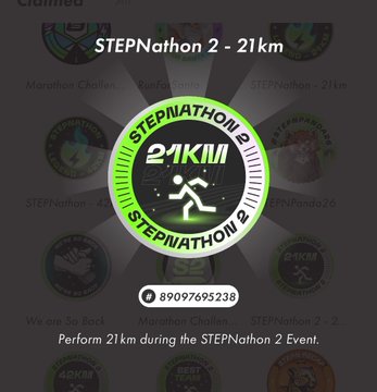 A fitness achievement badge from a STEPNathon 2 event displaying 'STEPNathon 2 - 21km' with the instruction to 'Perform 21km during the STEPNathon 2 Event,' showing user ID 89097695238.