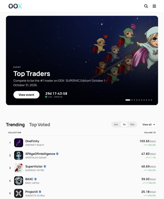 Screenshot of the OOX platform homepage with an event banner titled 'Top Traders' running October 1-31, 2026, and a trending collections list including OneFinity, XPAgeOfIntelligence, SuperVictor, BAXC, and ProjectX.