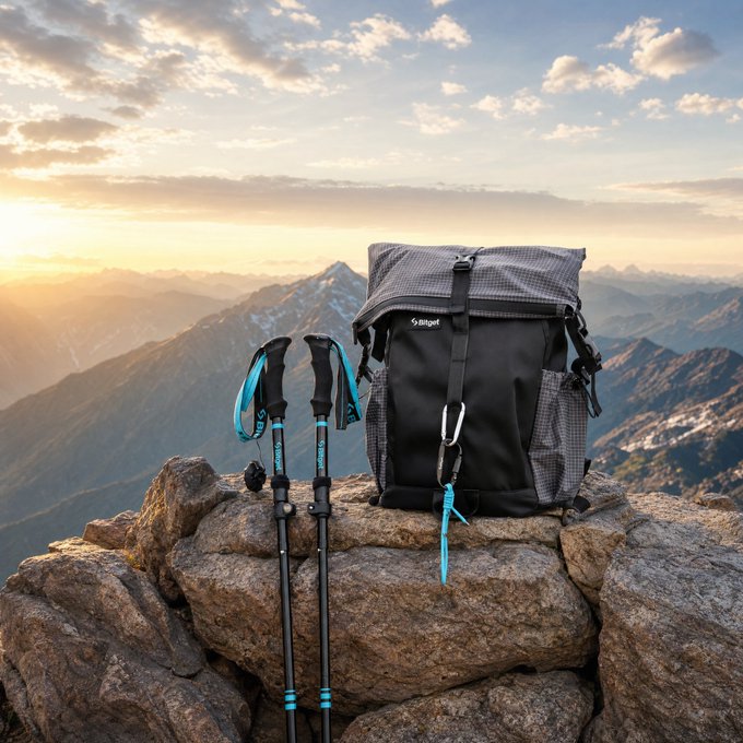 A black "Marget" branded backpack and a pair of black and teal trekking poles are propped against a rocky summit at sunset, overlooking a vast mountain range—visually embodying the rugged durability implied by the caption "Built for the climb."