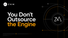 Dark graphic with the ZKM logo and the text 'You Don't Outsource the Engine' alongside a target-like design.