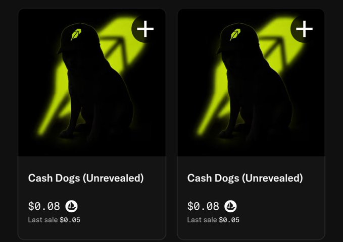 A screenshot of a digital marketplace displaying two 'Cash Dogs (Unrevealed)' NFT listings priced at $0.08 each, featuring a silhouette of a dog wearing a cap.