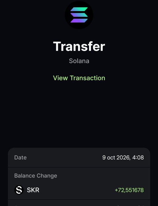 A cryptocurrency transfer confirmation screen for Solana showing a balance change of +72,551,678 SKR dated 9 oct 2026, 4:08.