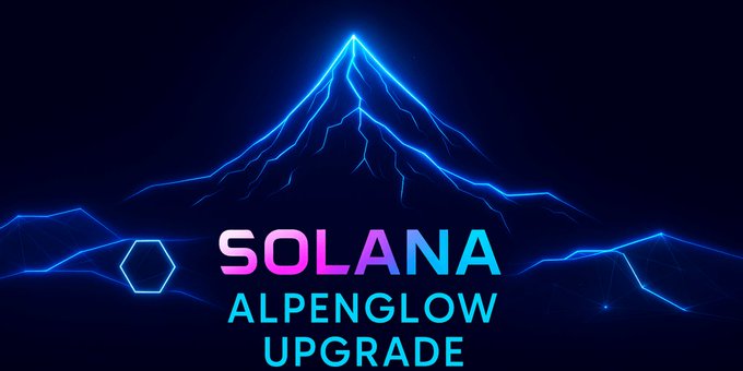 A neon blue graphic of a mountain with lightning-like peaks above the text 'SOLANA ALPENGLOW UPGRADE'.