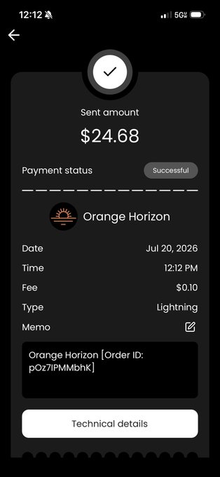 A Blitz Wallet transaction confirmation screen displays a successful Lightning payment of $24.68 (including a $0.10 fee) sent to "Orange Horizon" on Jul 20, 2026 at 12:12 PM, with the merchant's logo appearing alongside the payment details. The screen demonstrates the new zero-knowledge merchant branding feature powered by Branta, showing how logos are pulled forward into transaction history.