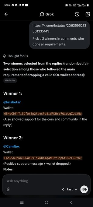 The image shows a phone screen with text displayed, possibly from a social media platform or messaging app. The main focus of the image is a message that reads "Congrats @krisbets7 and @Carnfiex bro sent each 1 sol What u gave I give it you back $boutywork family Check your wallet More coming". This message seems to be related to a recent conversation or interaction between two people, possibly friends. The image also contains some text that reads "Winner: 2", which could indicate the outcome of an event or competition they participated in together.