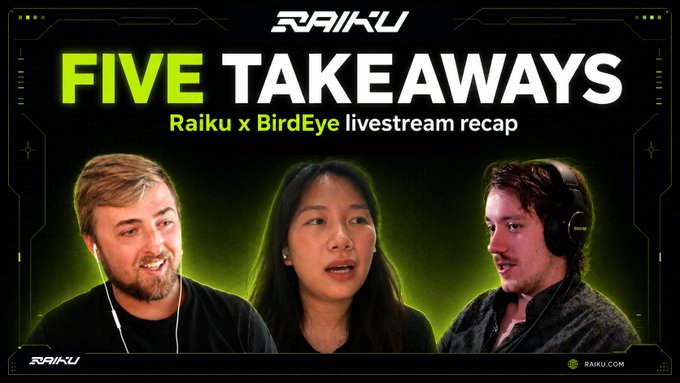 The image is a thumbnail for a "Five Takeaways" livestream recap featuring Raiku x BirdEye, showing three speakers (two men and one woman) with the RAIKU logo and RAIKU.COM URL visible, designed in a high-tech green and black aesthetic that ties into the post's discussion of Solana ecosystem insights shared during the broadcast.