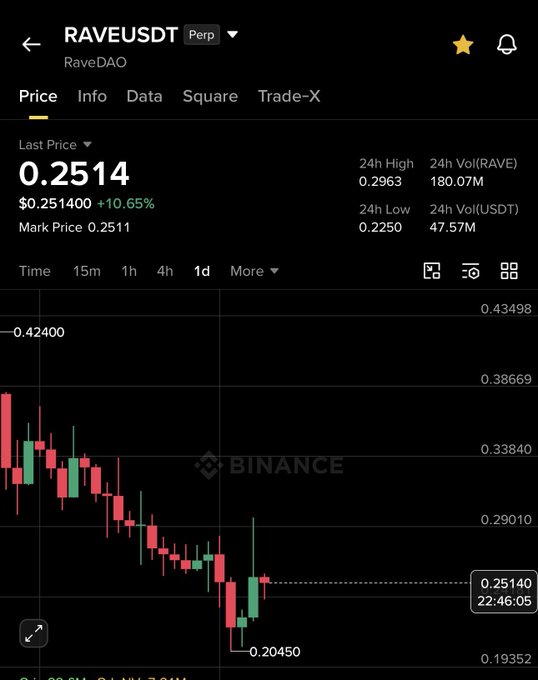The image shows a Binance perpetual futures chart for RAVEUSDT (RaveDAO) trading at $0.2514, up 10.65%, with a 24-hour low of $0.2250 and a recent dip to $0.2045 visible on the candles. This aligns with the analysis noting that RAVE is currently consolidating in the $0.18-$0.26 reversal zone, positioning for a potential long-term move toward $0.40-$0.60.