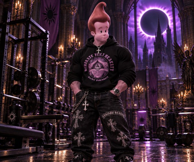 A stylized illustration features a character with a red pompadour wearing a black "Praise Your Health" hoodie and jeans with cross designs, standing before a gothic cathedral under a solar eclipse.