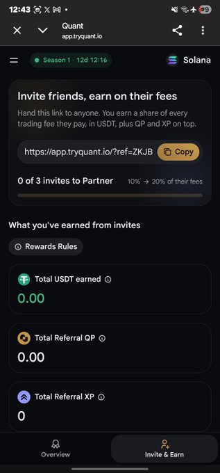 A screenshot of the Quant (app.tryquant.io) 'Invite & Earn' page showing 0.00 USDT earned and 0 invites to Partner.