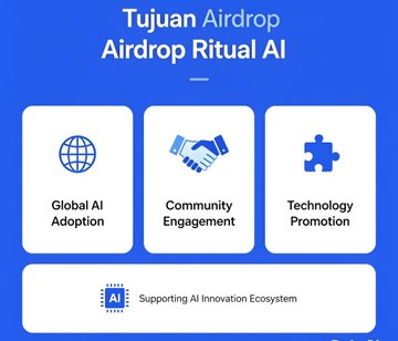 A blue promotional graphic titled 'Tujuan Airdrop - Airdrop Ritual AI' featuring three icons for Global AI Adoption, Community Engagement, and Technology Promotion, with a footer noting 'Supporting AI Innovation Ecosystem'.