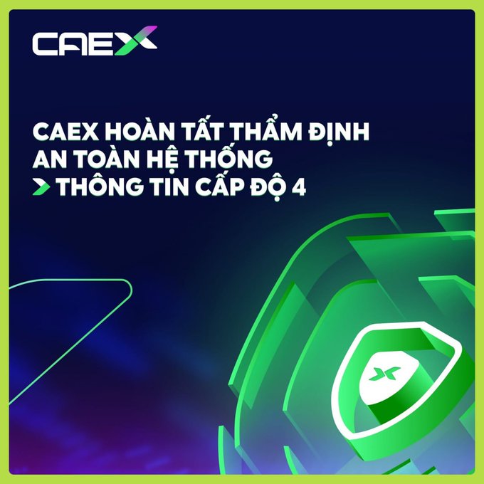 A CAEX-branded announcement reads “CAEX HOÀN TẤT THẨM ĐỊNH AN TOÀN HỆ THỐNG” and “THÔNG TIN CẤP ĐỘ 4.”