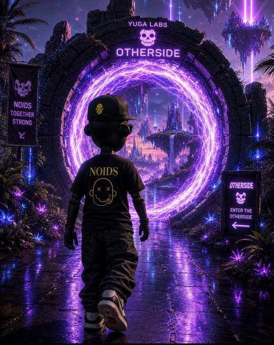 A NOID character wearing a "NOIDS" shirt and cap approaches a glowing purple portal labeled "YUGA LABS OTHERSIDE," with banners reading "NOIDS TOGETHER STRONG" and "OTHERSIDE ENTER THE OTHERSIDE," visually announcing the launch of the NOIDS collection's debut in the OthersideMeta metaverse.