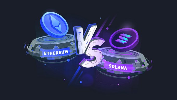 A digital graphic displaying a 3D 'VS' (versus) logo between Ethereum and Solana, with each cryptocurrency represented by its respective logo on platforms.