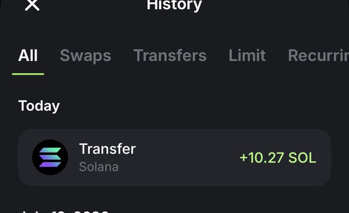 A mobile app screenshot showing a History page with tabs (All, Swaps, Transfers, Limit, Recurring), displaying a 'Transfer' transaction on Solana network for +10.27 SOL received today.