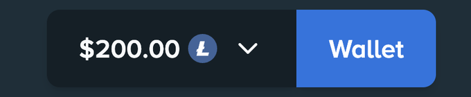 The image shows a digital wallet interface displaying a balance of "$200.00" with a Litecoin (Ł) symbol and a blue "Wallet" button. This visually represents the $200 giveaway prize mentioned in the post, where 5 winners will each receive $40.