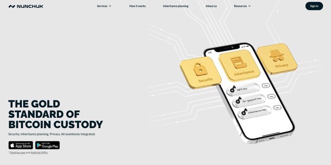 The image features a screenshot of an iPhone screen displaying a website called "nunchuk.io" with a gold background, white text, and three icons representing Bitcoin Custody services. The main focus of the image is the Bitcoin Custody app, which appears to be designed for long-term peace of mind in terms of Bitcoin security.