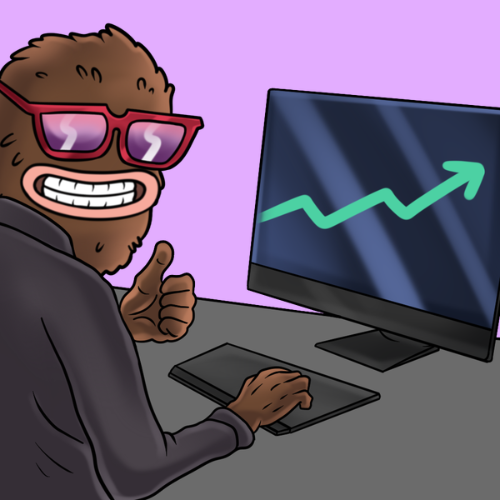 A cartoon character wearing sunglasses gives a thumbs-up while sitting at a computer showing an upward trending green chart, symbolizing positive price growth and celebrating the $LANDWOLF token's 1.8% buyback locked for 3 years. The chart's bullish trajectory reflects confidence in the project's tokenomics and the meme's playful nod to Matt Furie's "Party" reference.