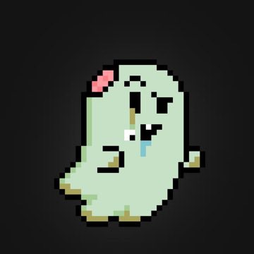 A pixel art ghost with a pink bow, drool, and a creepy smile drools in a dark, retro 8-bit style, fitting the "dead pixels" aesthetic of the GM post.