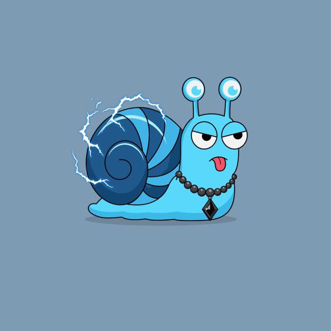 A cartoon illustration of a blue snail with a lightning-charged shell, large eyes on stalks, and a beaded necklace with a diamond pendant.