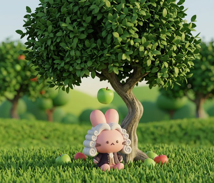 A 3D-rendered bunny character with curly white hair and pink ears sits beneath a lush green apple tree, gazing up as a green apple dangles just out of reach above. The whimsical scene humorously captures the "Mystery Stock #32" post's theme of patiently waiting for the stock to "fall" again, with fallen apples scattered around mirroring the investor's anticipation.