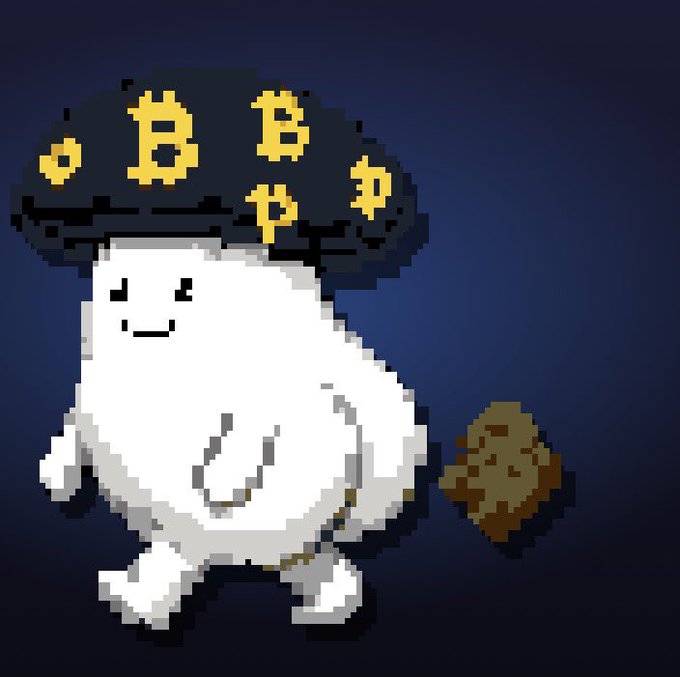 A pixel art image of a smiling white blob-like creature with a Bitcoin symbol hat, holding a shovel and a nugget on a dark blue background.