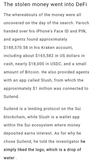 An article titled 'The stolen money went into DeFi' describes how investigators found approximately $188,570.58 in a Kraken account and nearly $1 million connected to the Suilend lending protocol via the Slush wallet app on the Sui blockchain.