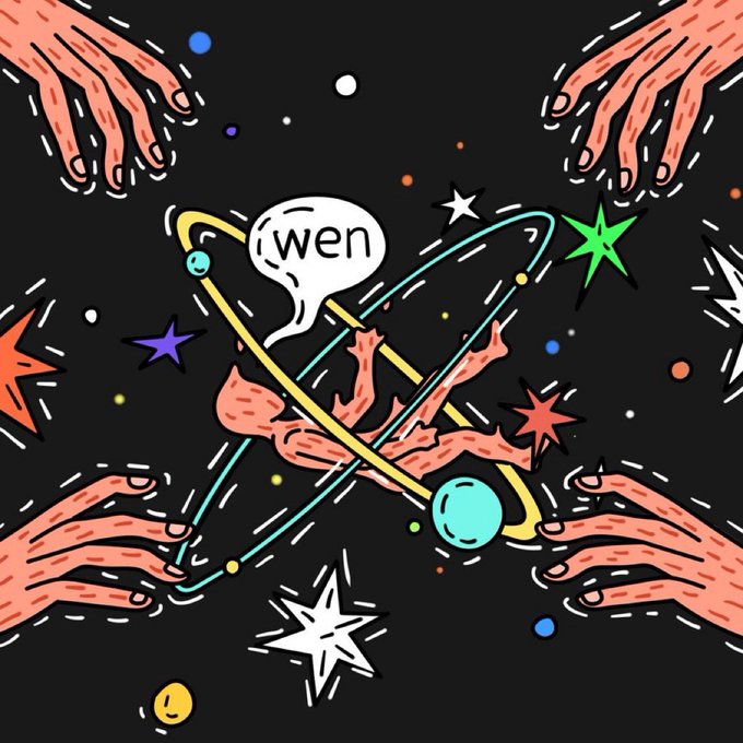 A colorful, psychedelic illustration features multiple hands emerging from the edges, atomic orbital rings, stars, and a speech bubble containing the text 'wen'.