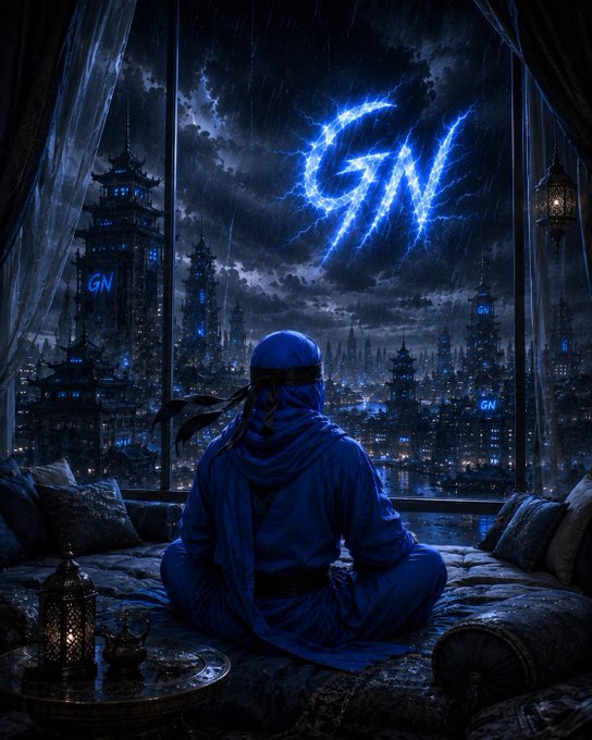 A hooded figure sits cross-legged on a cushioned ledge, gazing out at a stormy, cyberpunk cityscape illuminated by blue lightning spelling "GN," with smaller "GN" tags glowing across the skyline. The scene visually echoes the caption's good night message, capturing the "rest mode activated" mood through its moody, rain-soaked twilight atmosphere.