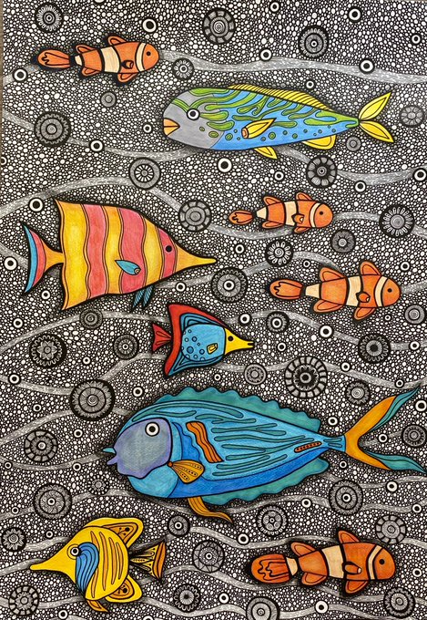 A colorful, stylized illustration features various vibrant tropical fish and clownfish swimming against a dark background decorated with white dot patterns and circular motifs.