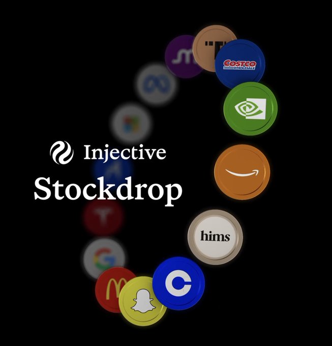 Promotional graphic for "Injective Stockdrop" featuring the Injective logo alongside various company logos arranged in a circular pattern, including Costco, NVIDIA, Amazon, Apple, Google, McDonald's, and Snapchat.