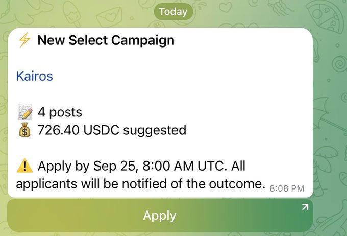 A "New Select Campaign" notification from Wallchain for the "Kairos" campaign offering 726.40 USDC for 4 posts, with an application deadline of Sep 25 at 8:00 AM UTC. The image corroborates the post's claim of a newly dropped Kairos campaign opportunity via the Wallchain Select platform.