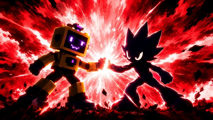 A stylized illustration shows two cartoon characters, a yellow robot and a dark hedgehog-like figure, bumping fists against a dramatic red background.