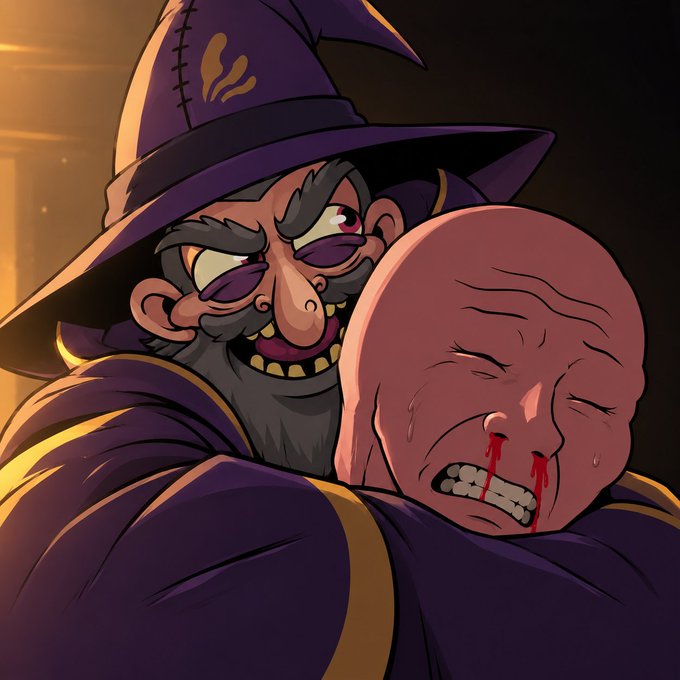 A cartoon witch with a toothy grin menacingly grips a terrified, blood-nosed bald man, fitting the RPG game's villainous theme. The accompanying post promotes the "Genesis Chest" sale and upcoming staking launch for play.rpg.cash.