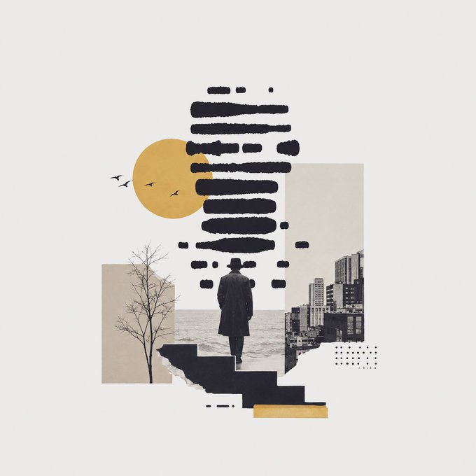 A surrealist collage showing a silhouetted man in a coat walking down steps, surrounded by cut-out paper elements including a bare tree, a yellow sun, birds, and a cityscape.