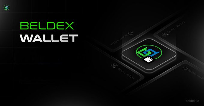 Promotional graphic for 'BELDEX WALLET' displayed on a dark background with green and white text, featuring the wallet app icon. The URL 'beldex.io' is visible in the bottom right.