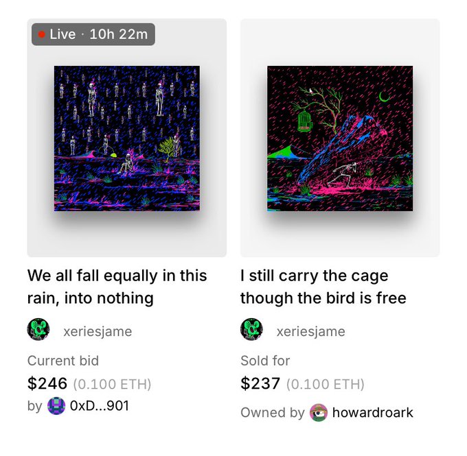 Two NFT artworks by "xeriesjame" are displayed on SuperRare: "We all fall equally in this rain, into nothing" is live with 10h 22m remaining and a current bid of $246 (0.100 ETH) from 0xD...901, while "I still carry the cage though the bird is free" has sold for $237 (0.100 ETH) to howardoark. The image shares the post's bittersweet tone of grief and small triumph, with the $246 bid on "We all fall equally in this rain, into nothing" offering a moment of validation amid loss.