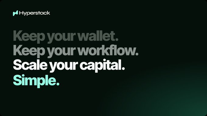 Minimalist black advertisement for Hyperstock with the text "Keep your wallet. Keep your workflow. Scale your capital. Simple."